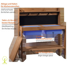 Holzküche mit Ablagen, Haken, Tafel und zwei Kunststoffwannen