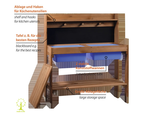 Holzküche mit Ablagen, Haken, Tafel und zwei Kunststoffwannen