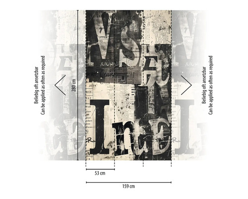 Papier peint avec motif de journal et dimensions 280 cm x 159 cm