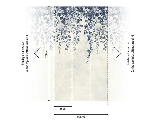 Papier peint photo avec motif de feuilles et indications de dimensions