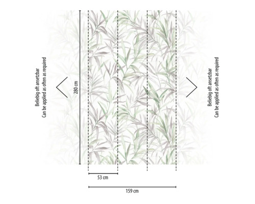 Image d'un papier peint avec motif de feuilles et indications de taille