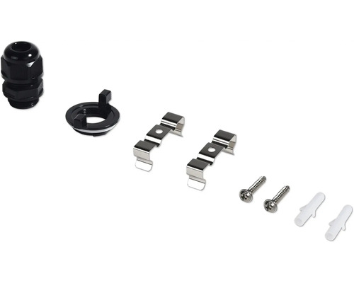 Accessoires pour montage de luminaires avec presse-étoupe, clips de fixation, vis et chevilles