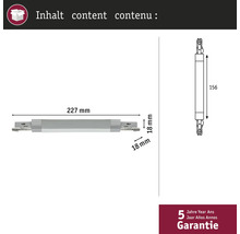Schéma technique d'une charnière de meuble mesurant 227 mm de long et 18 mm de large, plus une garantie de cinq ans