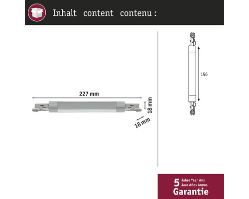 Technische Zeichnung eines Möbelscharniers mit den Maßen 227 mm Länge und 18 mm Breite sowie einer fünfjährigen Garantie