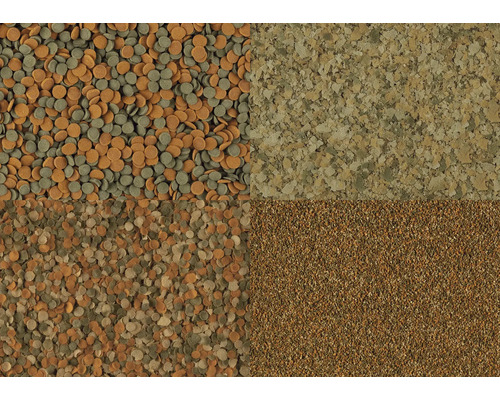 Nahaufnahme von Fischfutter in verschiedenen Formen