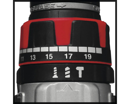 Detailaufnahme des Drehmomentreglers einer Bohrmaschine mit nummerierten Einstellungen und Bohrsymbolen