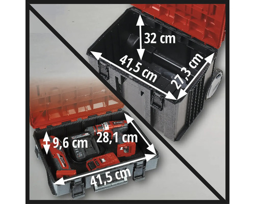 Image d'une caisse à outils avec des dimensions, représentée ouverte et remplie d'outils.
