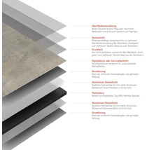 Mehrschichtiger Aufbau einer Platte mit Oberflächenveredelung, Deckschicht, Grundlack, Digitaldruck, Grundierung, Aluminiumdeckschicht und Plattenkern.