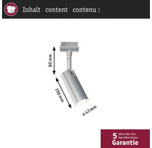 Schienenstrahler mit den Maßen 80 mm x 106 mm x 43 mm und fünf Jahre Garantie