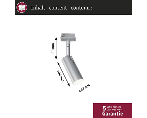 Schienenstrahler mit den Maßen 80 mm x 106 mm x 43 mm und fünf Jahre Garantie