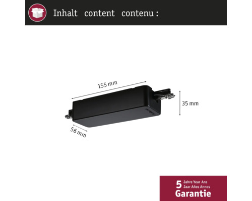 Transformateur électronique avec dimensions 155 mm x 56 mm x 35 mm et garantie de cinq ans