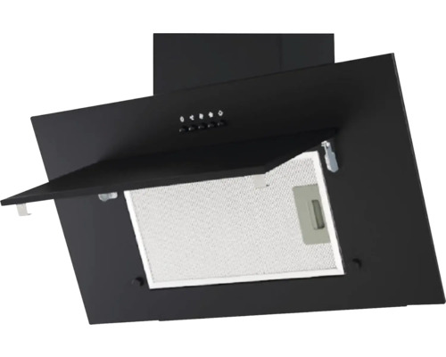 Hotte aspirante noire avec clapet ouvert et filtre