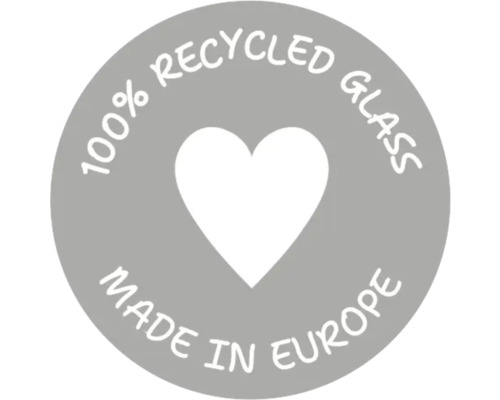 Siegel: 100 Prozent recyceltes Glas, hergestellt in Europa