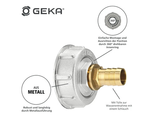 GEKA Logo Wasserentnahme-Anschluss aus Metall mit drehbarem Innenring