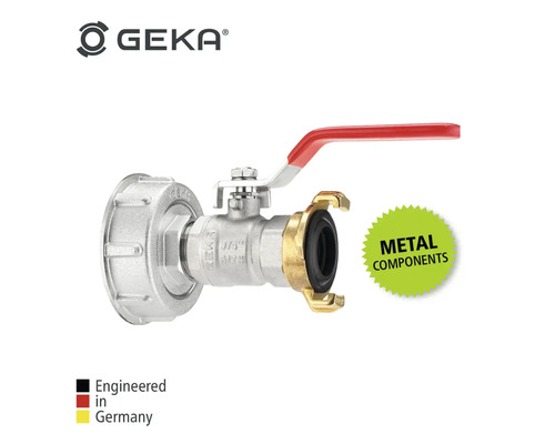 GEKA Logo. GEKA IBC Adapter mit Absperrhahn und GEKA Kupplung.