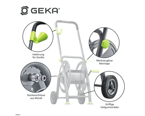 Geka Schlauchwagen Details: Gerätehalterung, werkzeuglose Montage, Steckanschlüsse aus Metall, griffige Vollgummiräder