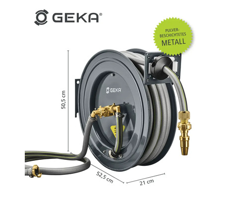 Geka Schlauchaufroller mit Gartenschlauch aus Metall, pulverbeschichtet, mit Größenangaben