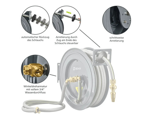 Gartenschlauchaufroller mit automatischem Rückzug, steuerbarer Arretierung, Winkelgelenkarmatur und GEKA Logo