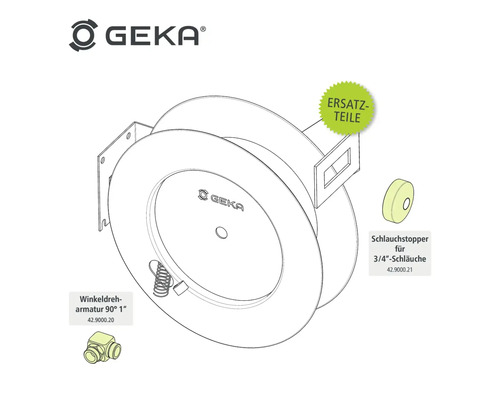 GEKA Logo, drehbare Winkelarmatur 90 Grad 1 Zoll, Ersatzteile, Schlauchstopper für 3/4 Zoll Schläuche