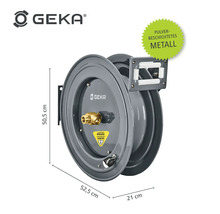 GEKA Schlauchaufroller aus pulverbeschichtetem Metall mit Maßangaben