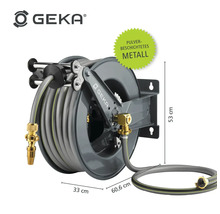 Geka Schlauchaufroller aus pulverbeschichtetem Metall mit Gartenschlauch und Maßen