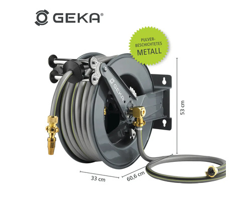 Geka Schlauchaufroller aus pulverbeschichtetem Metall mit Gartenschlauch und Maßen