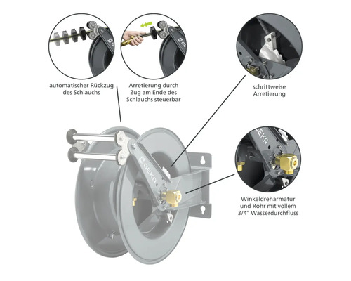 Geka Schlauchaufroller mit automatischem Rückzug und schrittweiser Arretierung