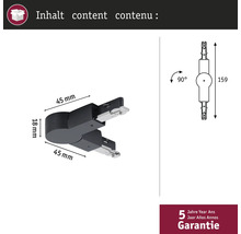 Illustration d'une connexion de rail d'alimentation avec des indications de dimensions et cinq ans de garantie