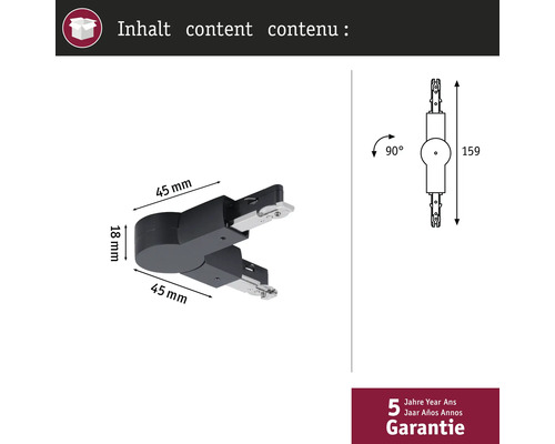 Illustration d'une connexion de rail d'alimentation avec des indications de dimensions et cinq ans de garantie