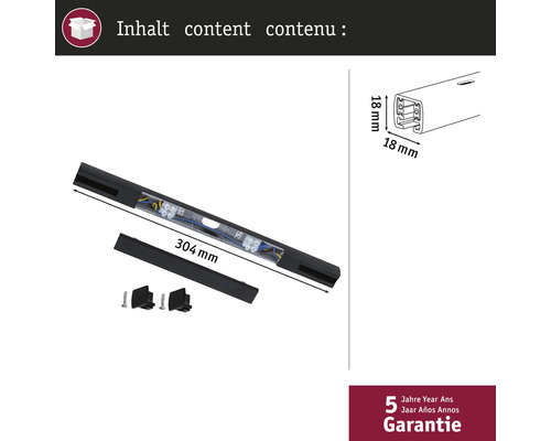 Vue intérieure d'une lampe LED de 304 millimètres de long avec accessoires et dimensions, garantie 5 ans incluse