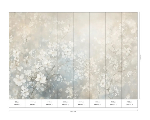 Fototapete mit Blumenmuster und Abmessungsangaben