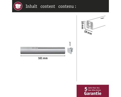 Contenu du produit avec mesures et garantie de 5 ans