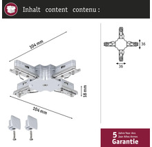 Abbildung eines silberfarbenen Verbindungsstücks mit den Maßen 104 mm x 104 mm und einer Höhe von 18 mm, inklusive zwei Klemmen und einer fünfjährigen Garantie.
