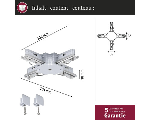 Abbildung eines silberfarbenen Verbindungsstücks mit den Maßen 104 mm x 104 mm und einer Höhe von 18 mm, inklusive zwei Klemmen und einer fünfjährigen Garantie.