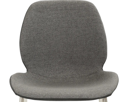 Nahaufnahme eines grauen Stuhls mit Stoffbezug