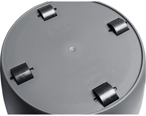 Face inférieure d'un pot de fleurs avec roulettes et logo Elho