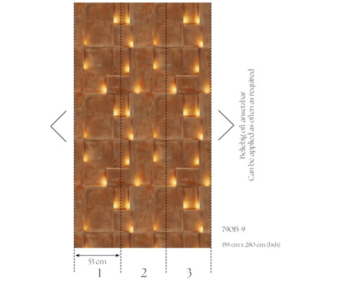 Tapete mit 3D-Fliesenoptik und Beleuchtungseffekt, Rapport 53 cm, Größe 159 cm x 280 cm