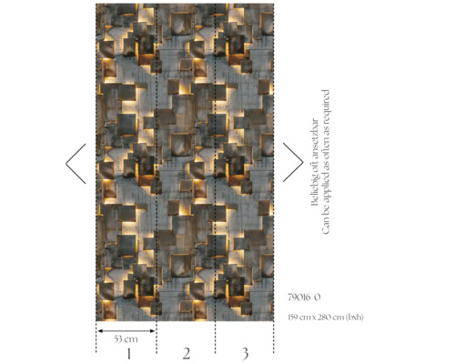 Tapete mit Würfelmuster und Betonoptik, Rapport beliebig oft ansetzbar, Maße 159 cm x 280 cm