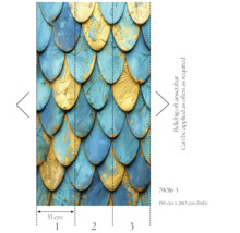 Tapete mit Schuppenmuster in Blau und Gold, Rapportierbar