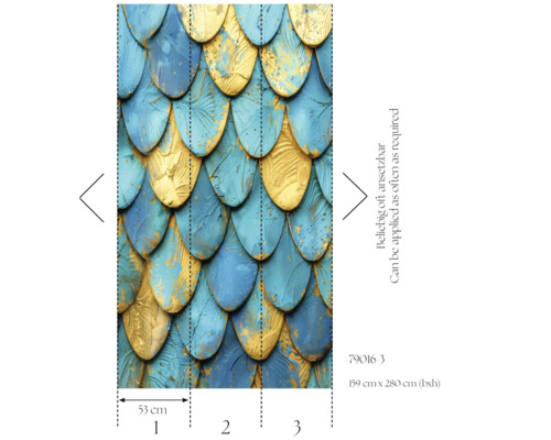Tapete mit Schuppenmuster in Blau und Gold, Rapportierbar