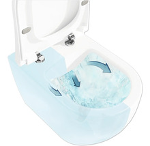 Gros plan de toilettes blanches avec couvercle ouvert et fonction de chasse d'eau représentée par des flèches