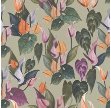 Papier peint avec des anthuriums et des feuilles