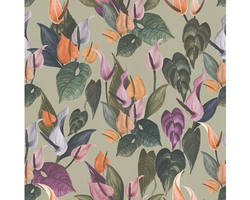 Papier peint avec des anthuriums et des feuilles