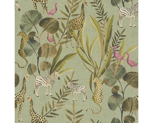 Tapete mit Dschungelmotiv, inklusive Zebras, Giraffen, Leoparden, Vögeln und tropischen Blättern