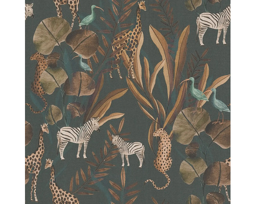 Tapete mit Dschungelmotiv, mit Abbildungen von Giraffen, Zebras, Leoparden, tropischen Vögeln und Blättern.