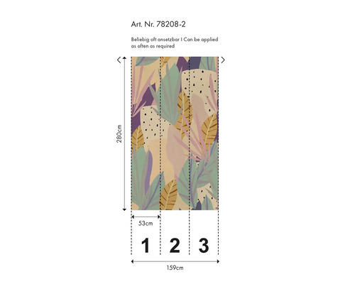 Graphique d'un papier peint avec motif végétal abstrait et indications de taille