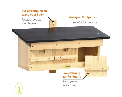 Spatzenhaus zur Wand- oder Baumbefestigung mit Reinigungsöffnung