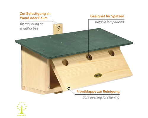 Spatzenhaus aus Holz mit Reinigungsklappe und Dach