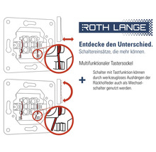 Illustration eines Schaltereinsatzes mit multifunktionalem Tastersockel, der auch als Wechselschalter genutzt werden kann, Roth Lange Logo