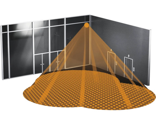 Illustration eines Raumes mit einem Sensor, der den Erfassungsbereich anzeigt